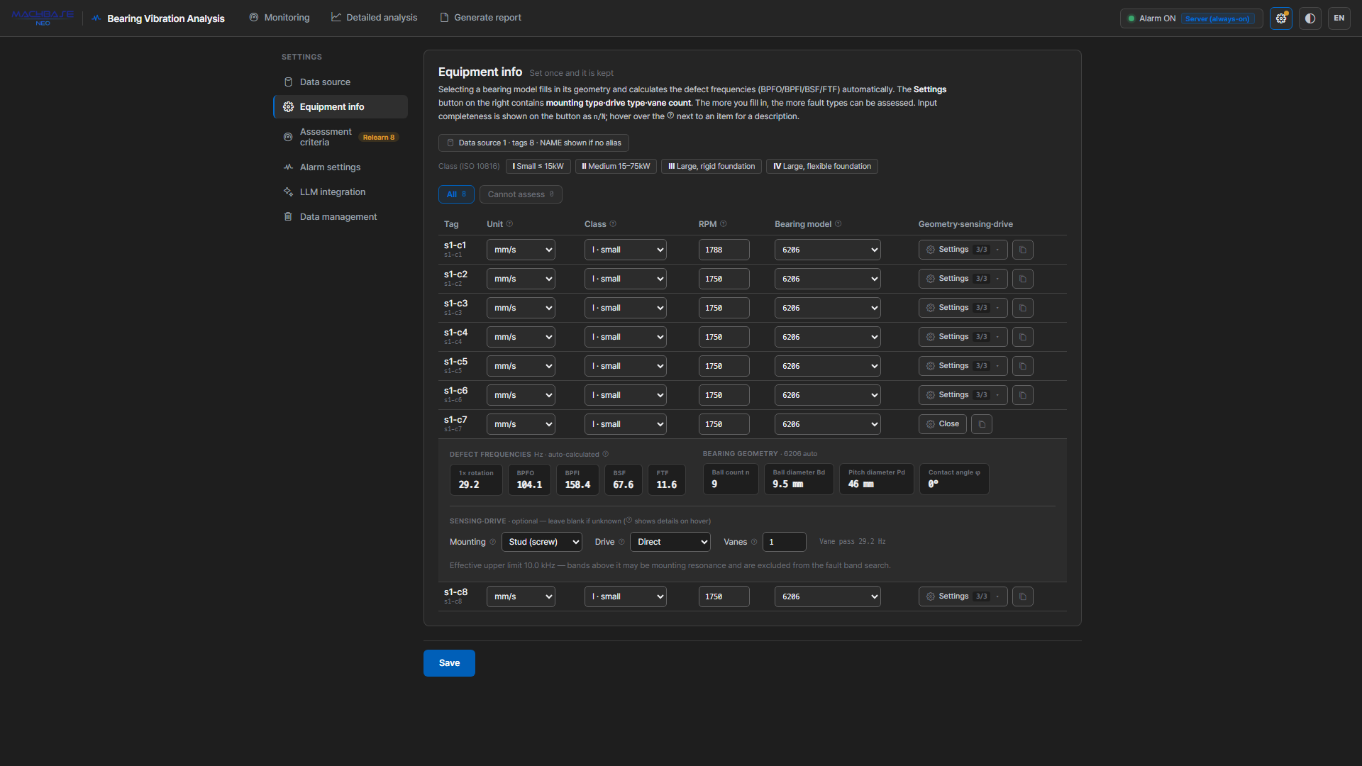 Equipment settings screen